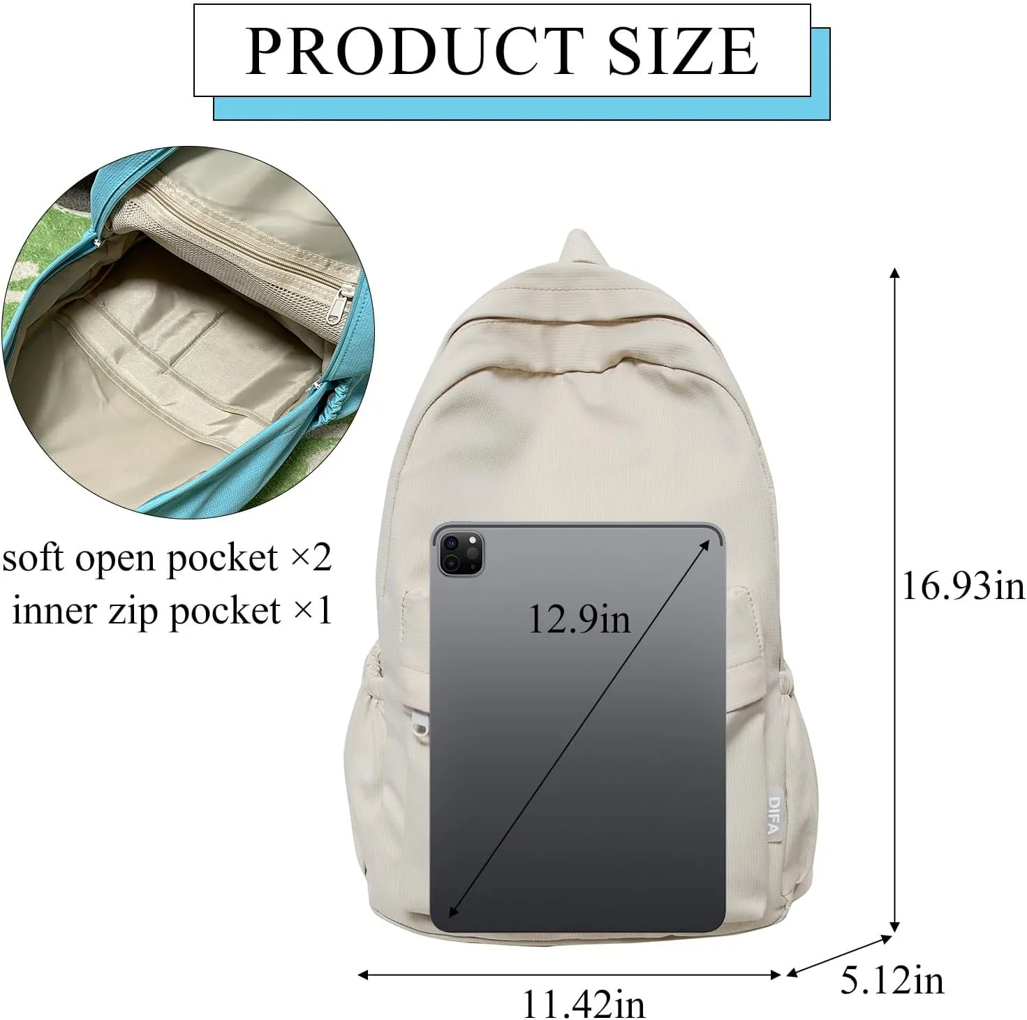 Cute Aesthetic Backpack Y2K Simple Solid Color Kawaii Backpacks Travel Laptop Backpack (White)