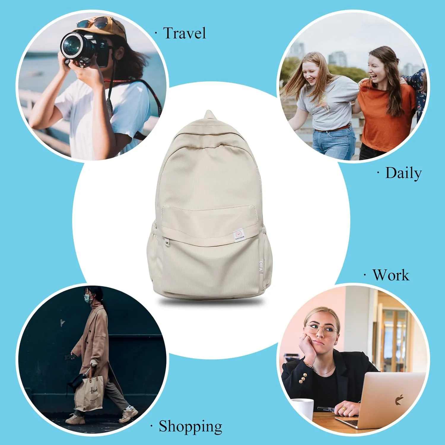 Cute Aesthetic Backpack Y2K Simple Solid Color Kawaii Backpacks Travel Laptop Backpack (White)