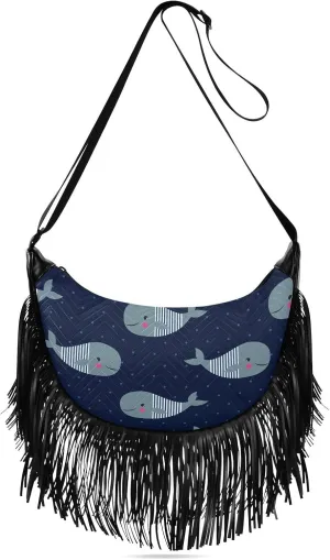 Cute Whales on Dark Blue Polka Dot Fringe Bag for Women Cross Body Bag Tassel Shoulder Bag Satchel