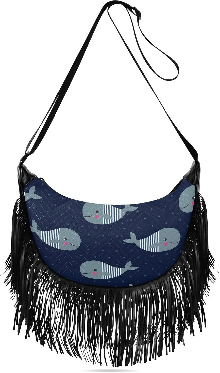 Cute Whales on Dark Blue Polka Dot Fringe Bag for Women Cross Body Bag Tassel Shoulder Bag Satchel