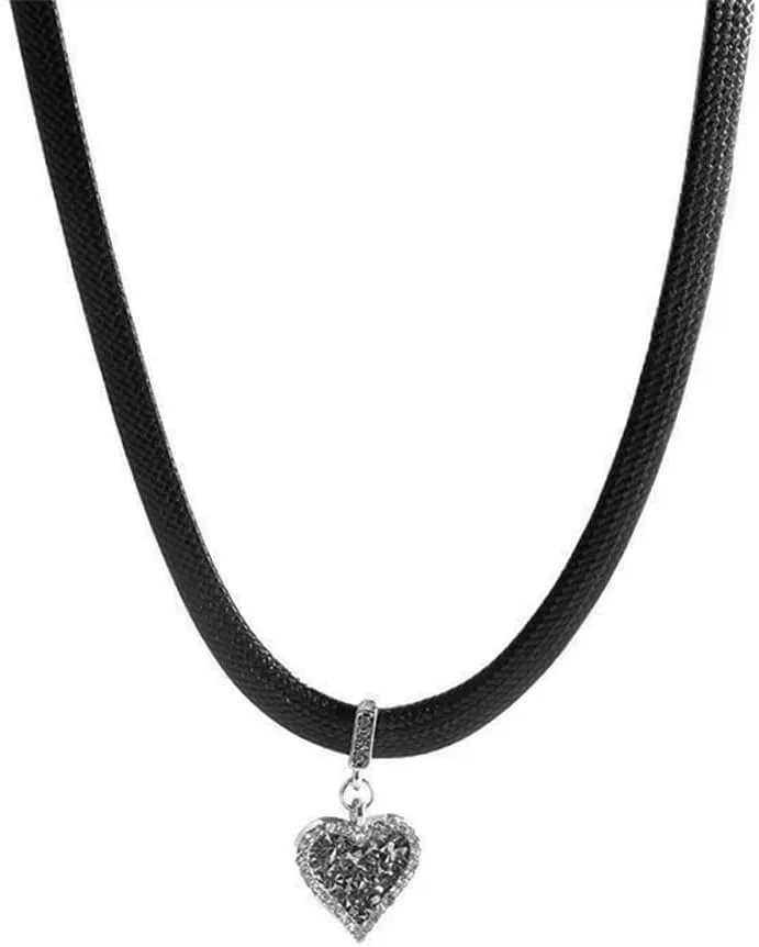 Dainty Black Leather Cord CZ Heart Love Choker Necklace for Women Elegant Crystal Short Chain Neck Necklaces Adjustable Fashion Y2K Jewelry Valentines Day Birthday Christmas Gift Her 13"