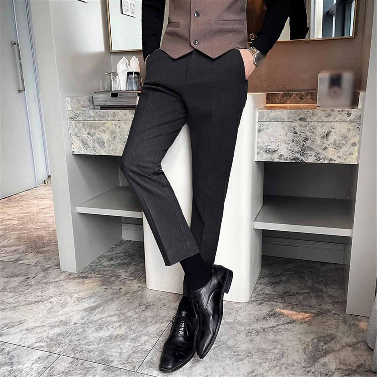 DGHM-JLMY Men's Business Slim Tapered Trousers Wedding Stretch Solid Slim Fit Dress Pant Wrinkle Resistant Pant