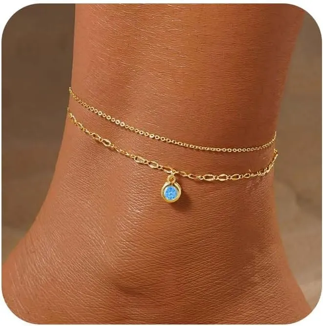 Diamond Anklets Bracelets for Women 14K Gold Plated Emerald Birthstone anklets for Women Mothers Dainty Gold anklets Blue Green Cubic Zirconia anklets Birthday Beath Gifts for Women Jewelry