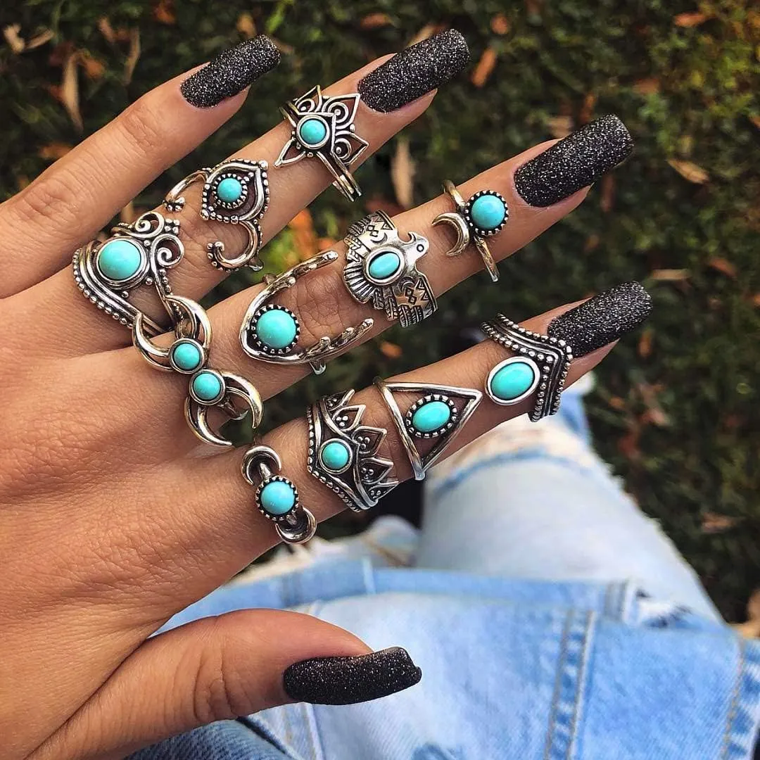 DOCCESTU 11 Piece Bohemian Stacked Ring Set Turquoise Ring Set Joint Ring Female Vintage Ring Package Crystal Ring Carved Crescent Owl