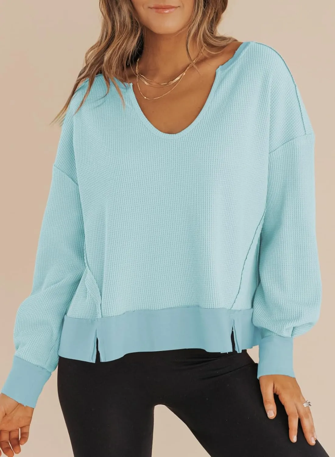 Dokotoo Womens Spring Outfits V Neck Waffle Knit Tops Cropped Sweaters Long Sleeve Pullover Crop Top