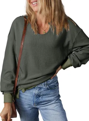 Dokotoo Womens Spring Outfits V Neck Waffle Knit Tops Cropped Sweaters Long Sleeve Pullover Crop Top