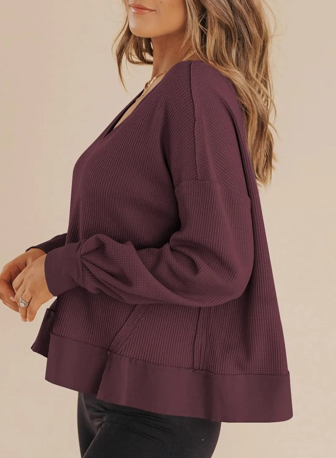 Dokotoo Womens Spring Outfits V Neck Waffle Knit Tops Cropped Sweaters Long Sleeve Pullover Crop Top