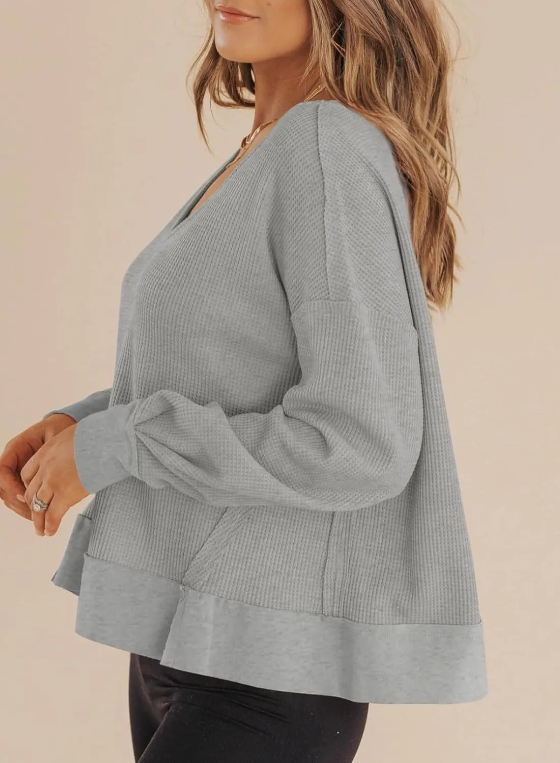 Dokotoo Womens Spring Outfits V Neck Waffle Knit Tops Cropped Sweaters Long Sleeve Pullover Crop Top