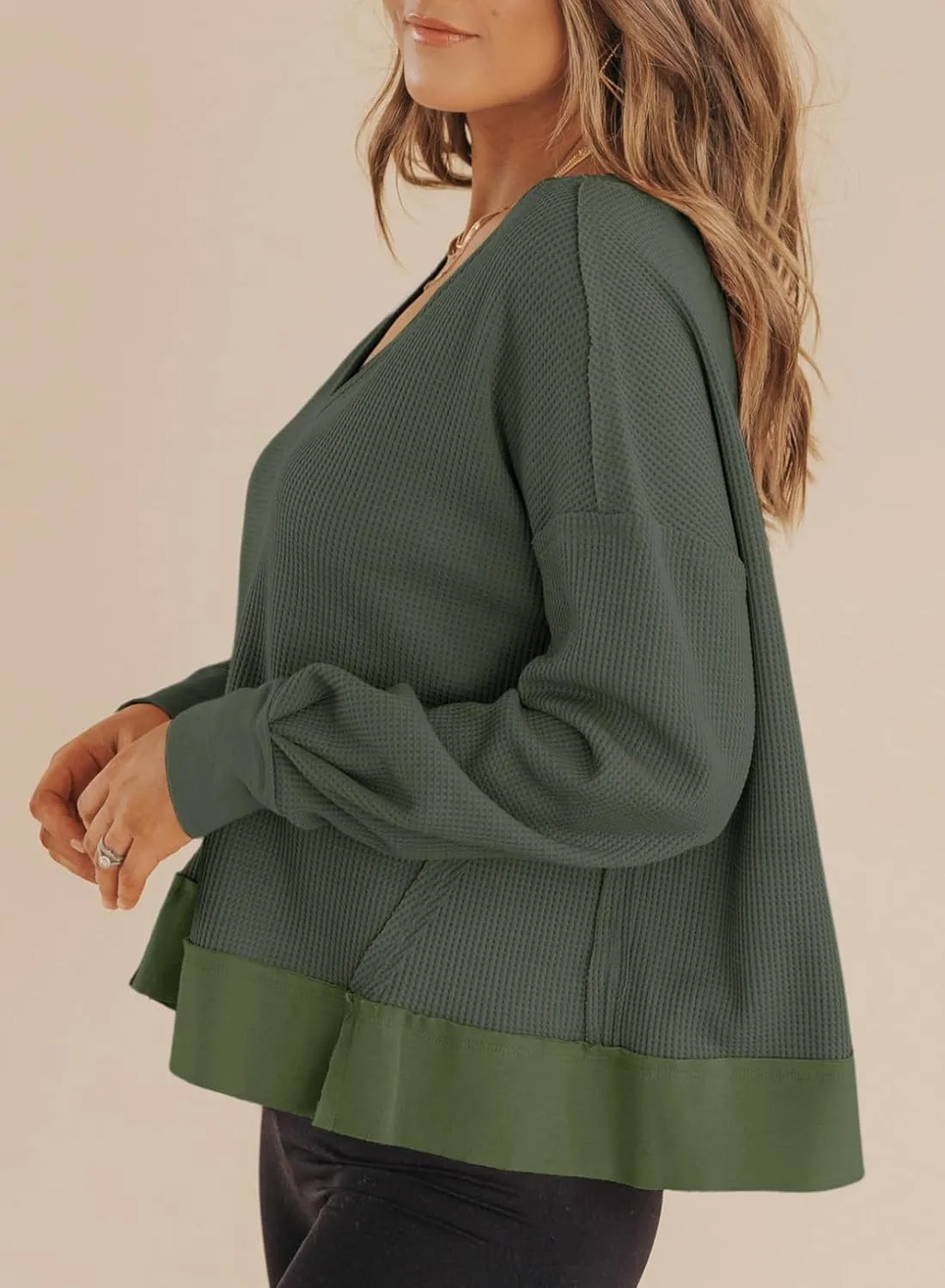 Dokotoo Womens Spring Outfits V Neck Waffle Knit Tops Cropped Sweaters Long Sleeve Pullover Crop Top