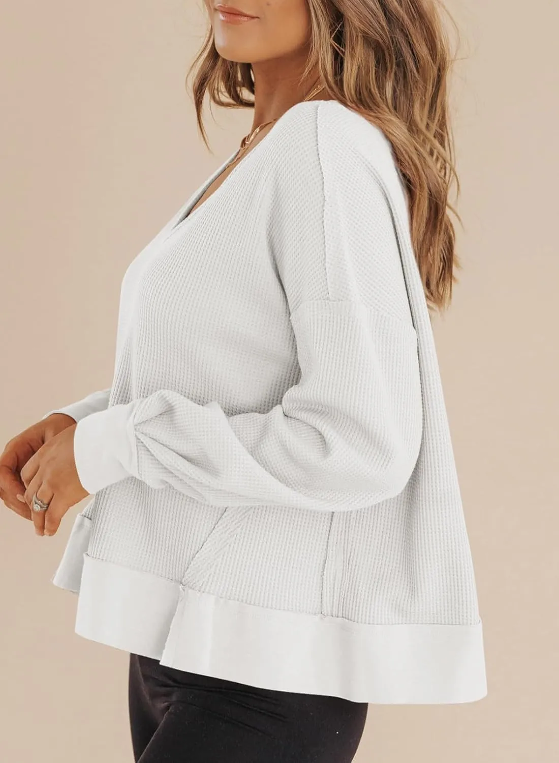 Dokotoo Womens Spring Outfits V Neck Waffle Knit Tops Cropped Sweaters Long Sleeve Pullover Crop Top