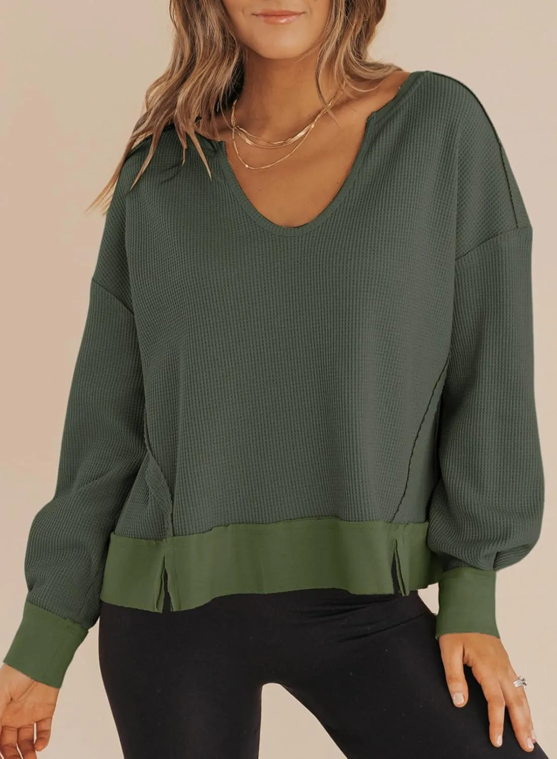 Dokotoo Womens Spring Outfits V Neck Waffle Knit Tops Cropped Sweaters Long Sleeve Pullover Crop Top