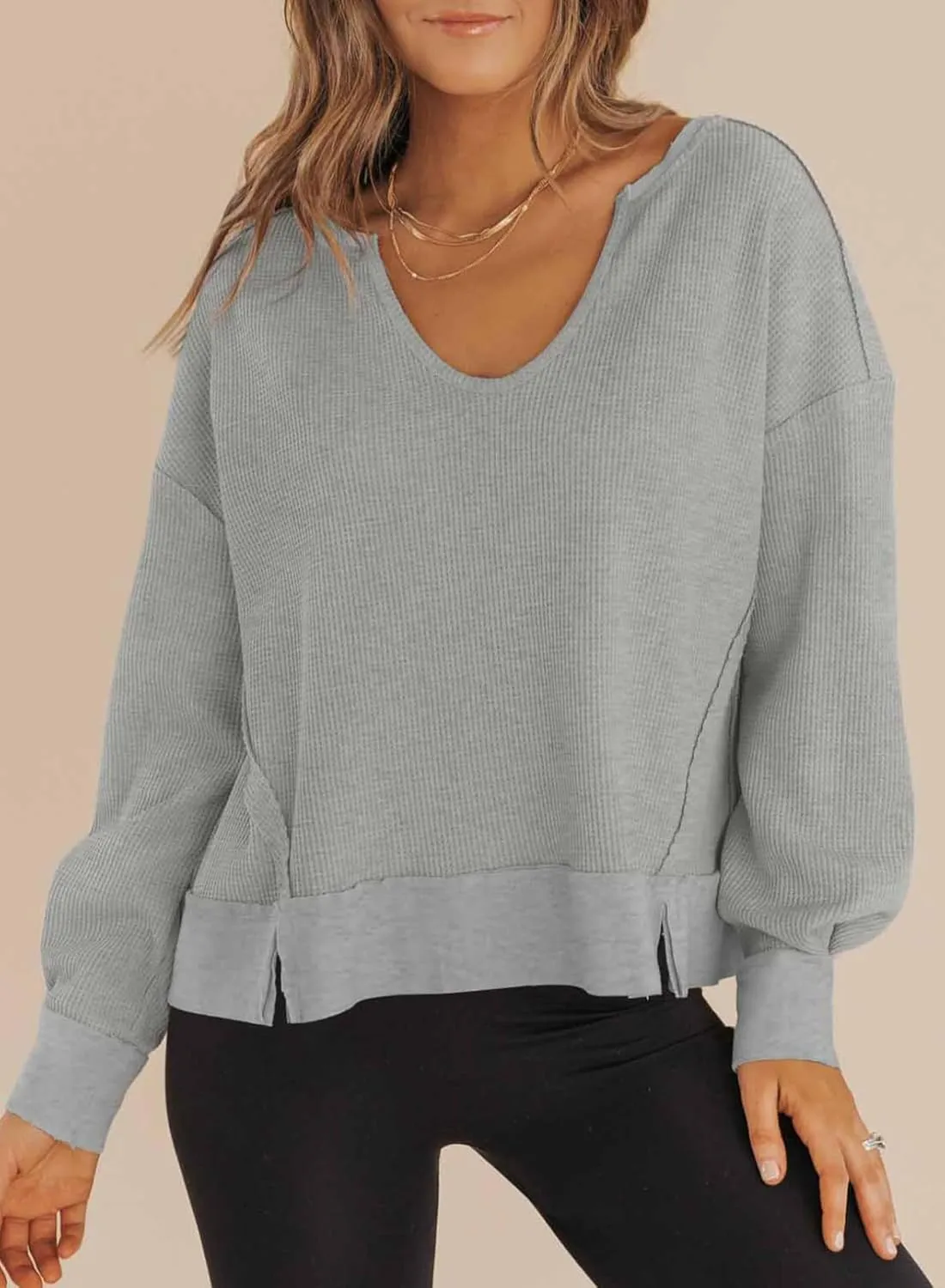 Dokotoo Womens Spring Outfits V Neck Waffle Knit Tops Cropped Sweaters Long Sleeve Pullover Crop Top