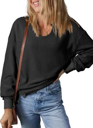 Dokotoo Womens Spring Outfits V Neck Waffle Knit Tops Cropped Sweaters Long Sleeve Pullover Crop Top