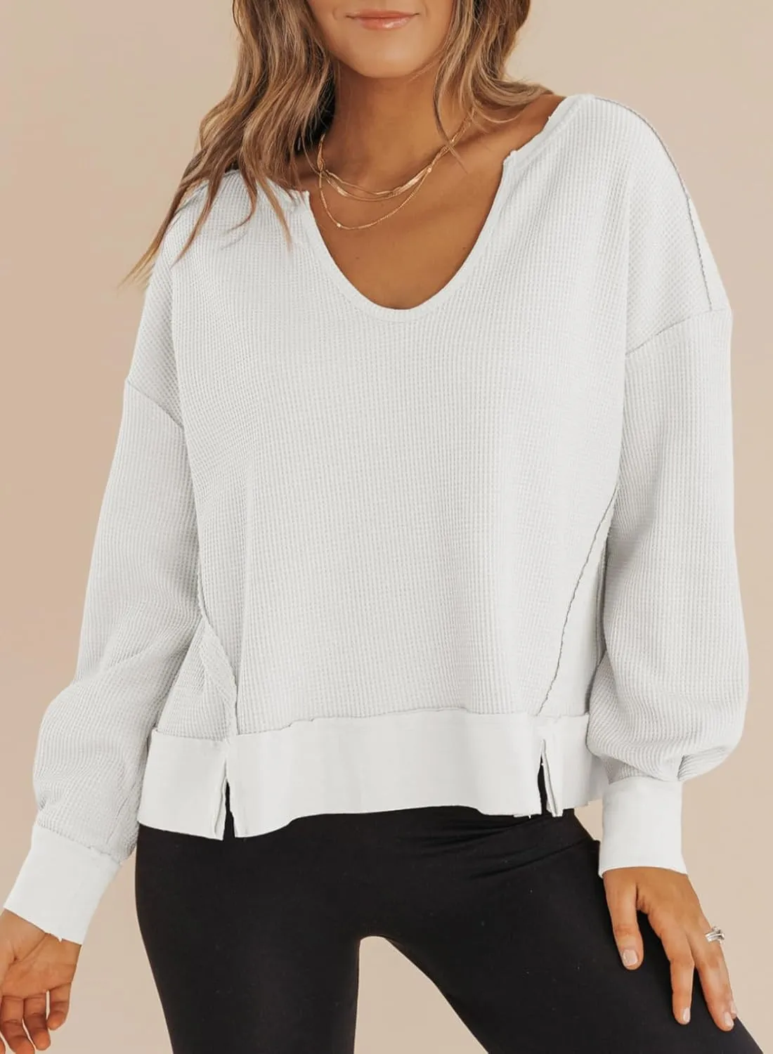 Dokotoo Womens Spring Outfits V Neck Waffle Knit Tops Cropped Sweaters Long Sleeve Pullover Crop Top