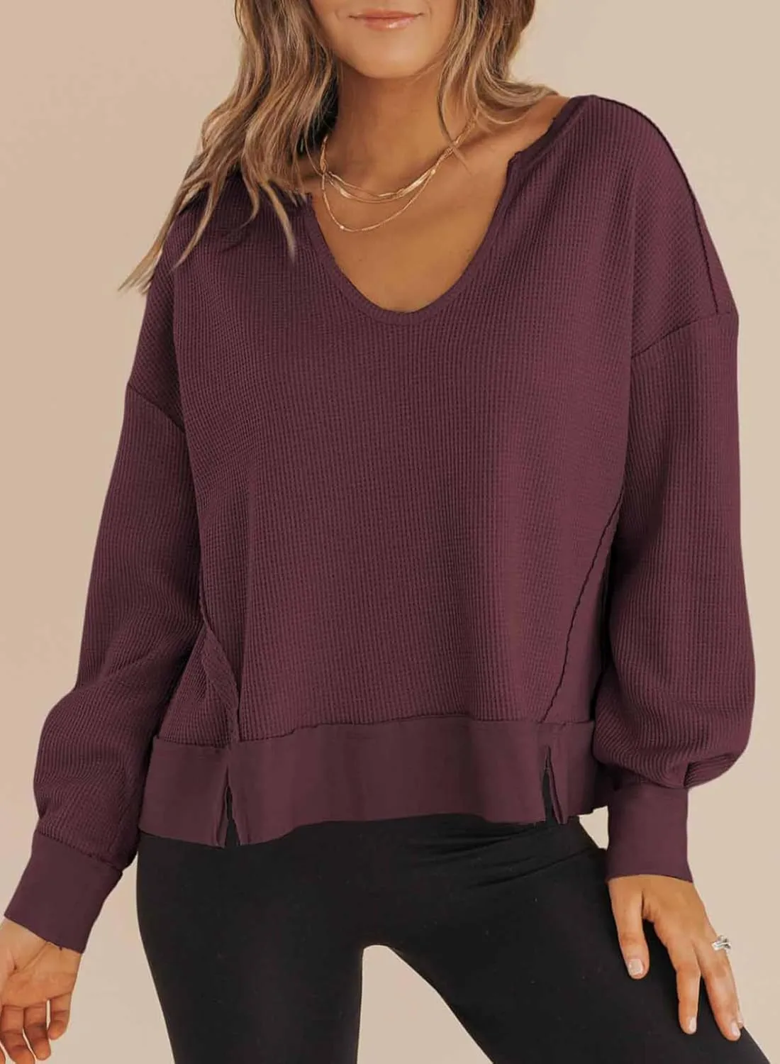 Dokotoo Womens Spring Outfits V Neck Waffle Knit Tops Cropped Sweaters Long Sleeve Pullover Crop Top