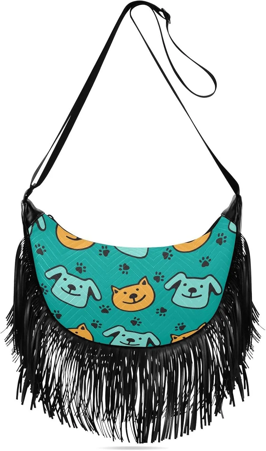 Doodle Dogs and Cats Fringe Bag for Women Cross Body Bag Tassel Shoulder Bag Satchel