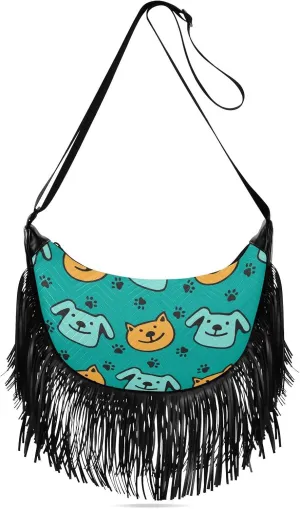 Doodle Dogs and Cats Fringe Bag for Women Cross Body Bag Tassel Shoulder Bag Satchel