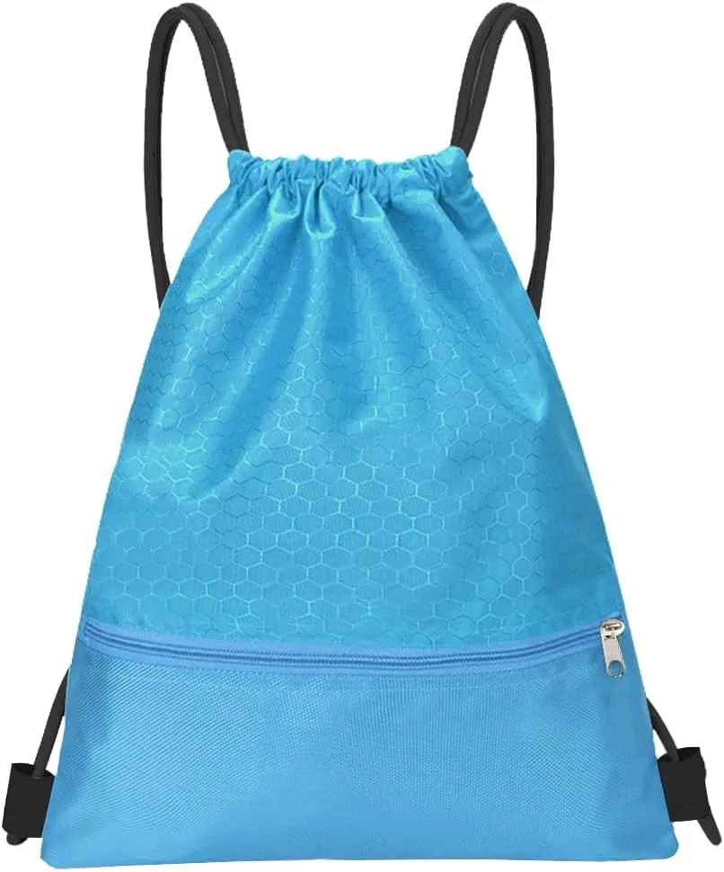 Drawstring Backpack Bag, Waterproof Draw String Back Sack with Zip Pocket, Gym Drawstring Bags Swim Bag for Men Women