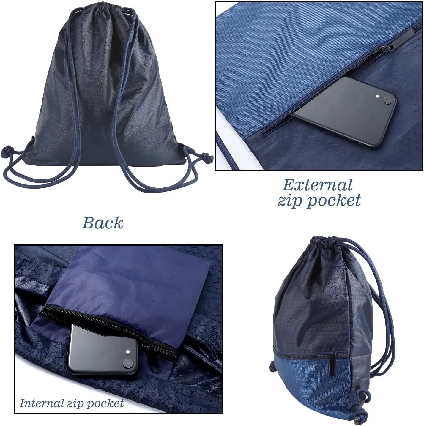 Drawstring Backpack Bag, Waterproof Draw String Back Sack with Zip Pocket, Gym Drawstring Bags Swim Bag for Men Women