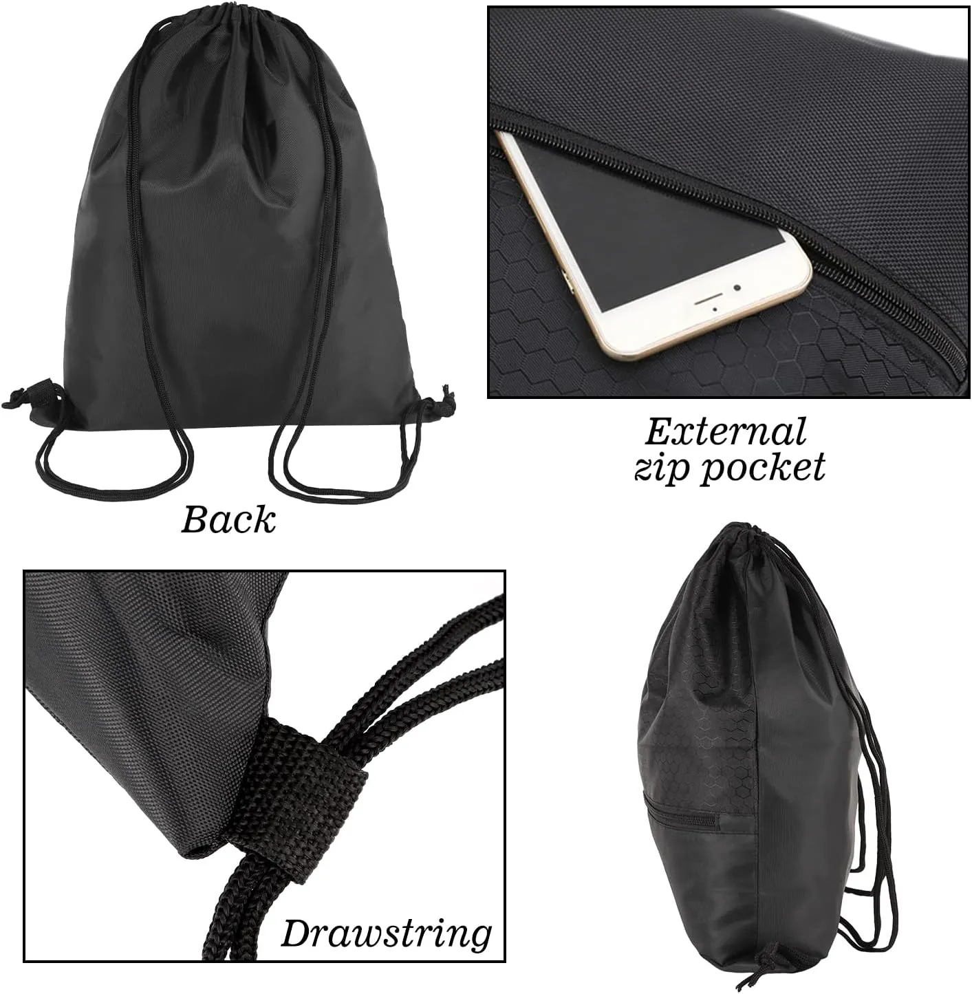 Drawstring Backpack Bag, Waterproof Draw String Back Sack with Zip Pocket, Gym Drawstring Bags Swim Bag for Men Women