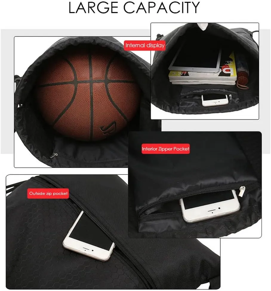 Drawstring Backpack Bag, Waterproof Draw String Back Sack with Zip Pocket, Gym Drawstring Bags Swim Bag for Men Women