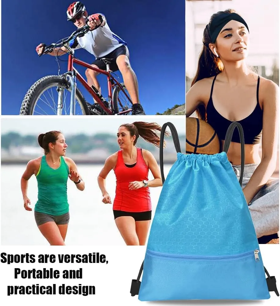 Drawstring Backpack Bag, Waterproof Draw String Back Sack with Zip Pocket, Gym Drawstring Bags Swim Bag for Men Women