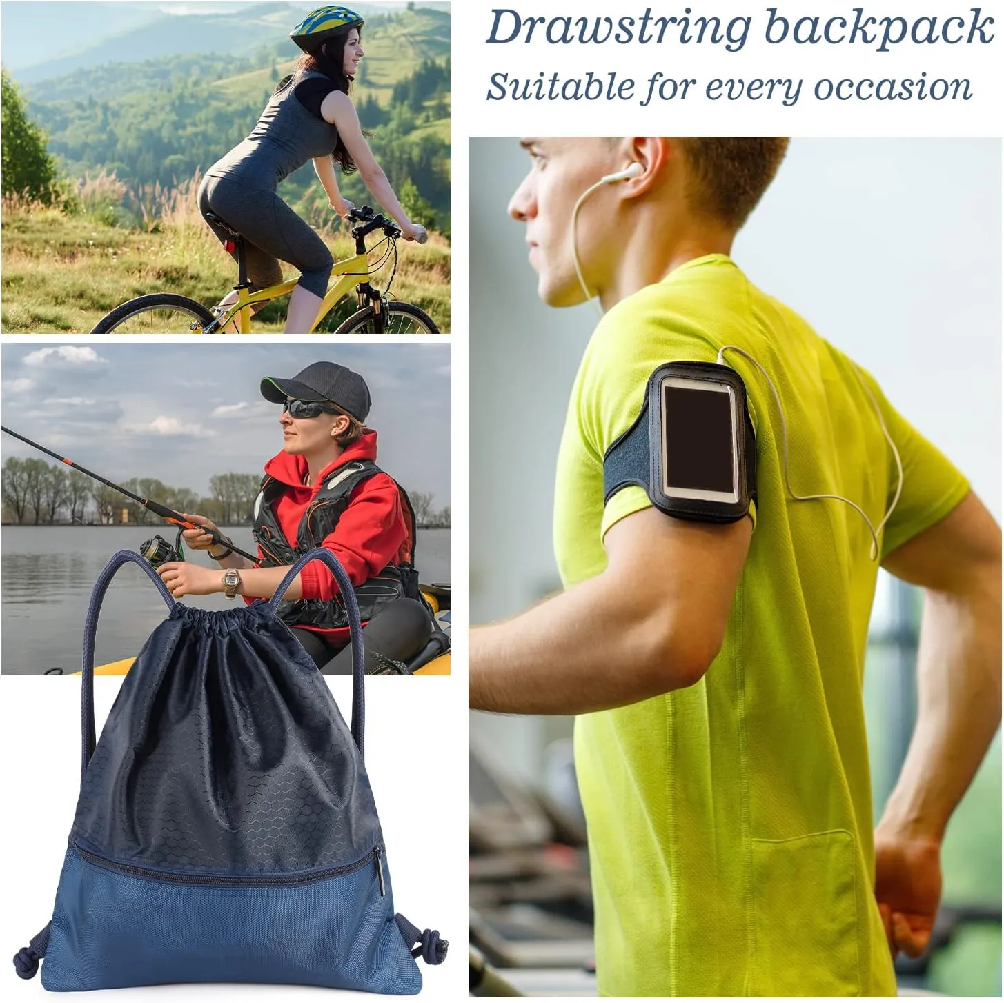 Drawstring Backpack Bag, Waterproof Draw String Back Sack with Zip Pocket, Gym Drawstring Bags Swim Bag for Men Women