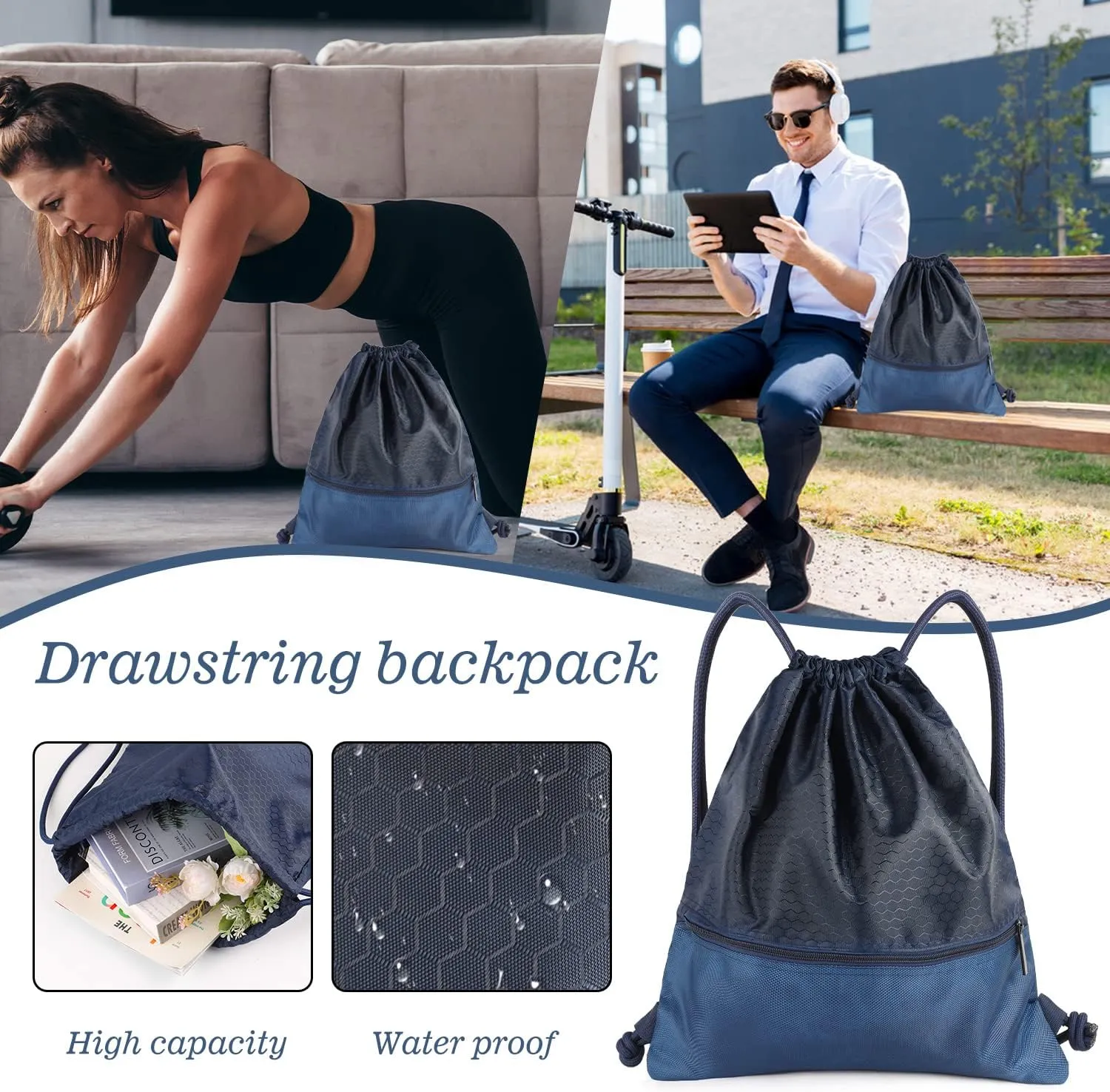 Drawstring Backpack Bag, Waterproof Draw String Back Sack with Zip Pocket, Gym Drawstring Bags Swim Bag for Men Women