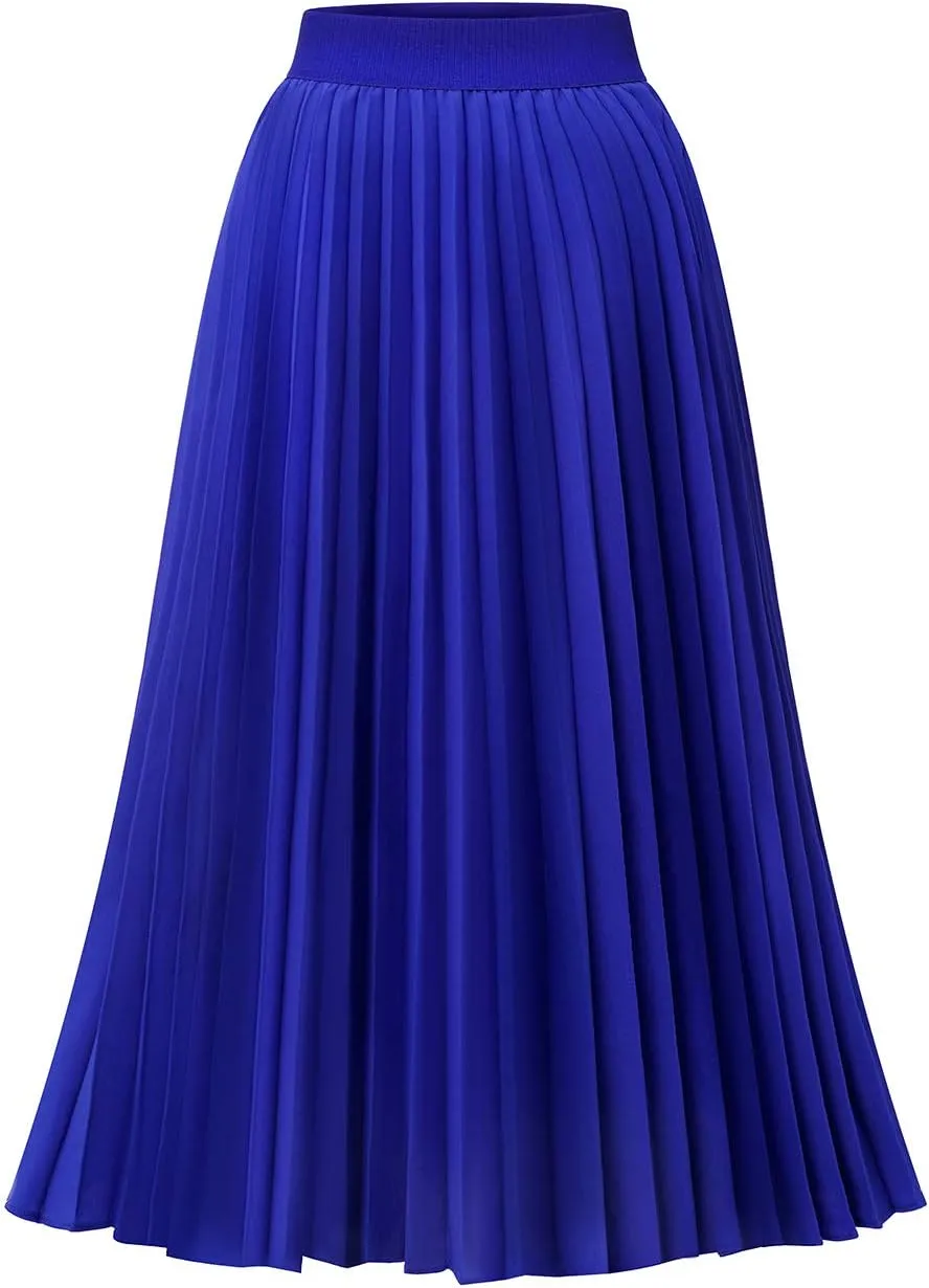 DRESSTELLS Pleated Midi Skirts for Women, Aline Long High Elastic Waisted Summer Flowy Chiffon Swing Skirt