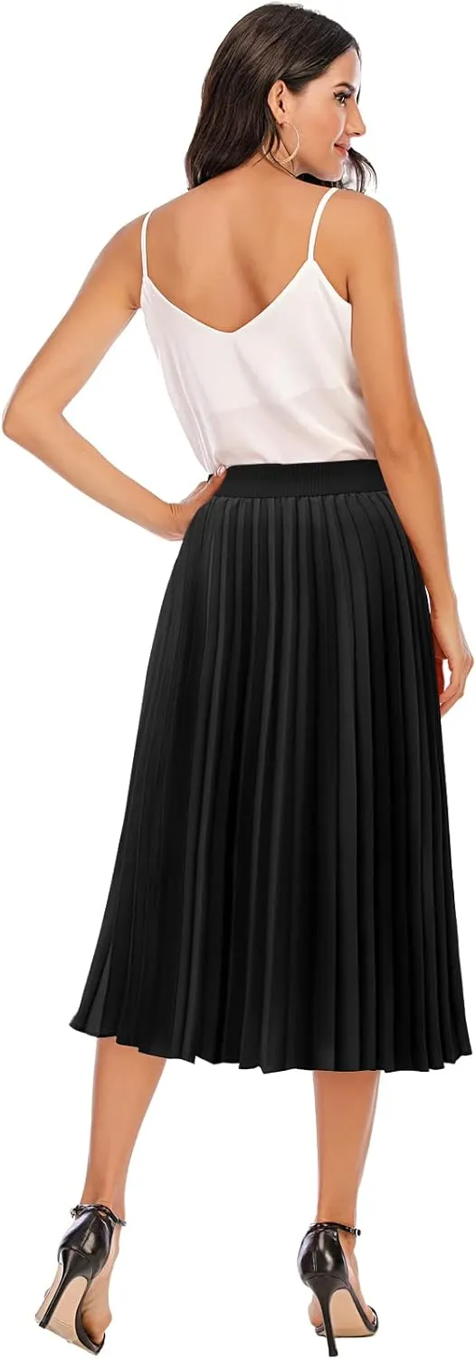 DRESSTELLS Pleated Midi Skirts for Women, Aline Long High Elastic Waisted Summer Flowy Chiffon Swing Skirt