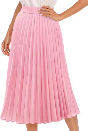 DRESSTELLS Pleated Midi Skirts for Women, Aline Long High Elastic Waisted Summer Flowy Chiffon Swing Skirt