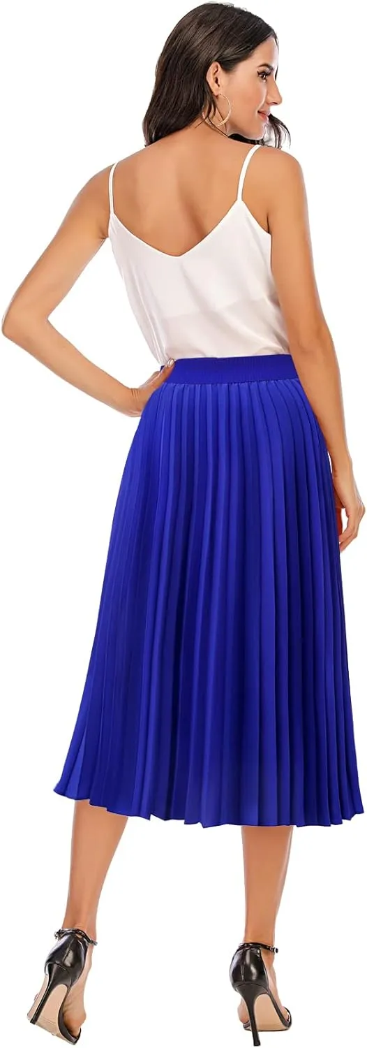 DRESSTELLS Pleated Midi Skirts for Women, Aline Long High Elastic Waisted Summer Flowy Chiffon Swing Skirt