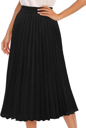 DRESSTELLS Pleated Midi Skirts for Women, Aline Long High Elastic Waisted Summer Flowy Chiffon Swing Skirt