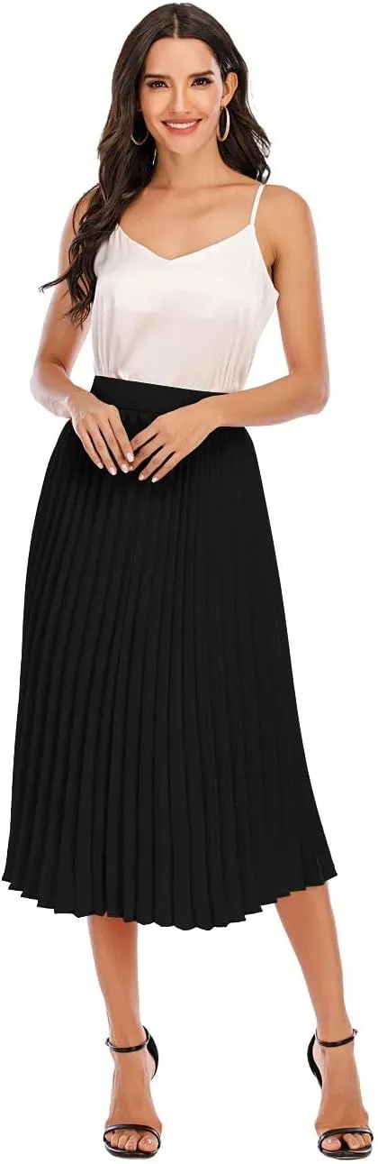 DRESSTELLS Pleated Midi Skirts for Women, Aline Long High Elastic Waisted Summer Flowy Chiffon Swing Skirt