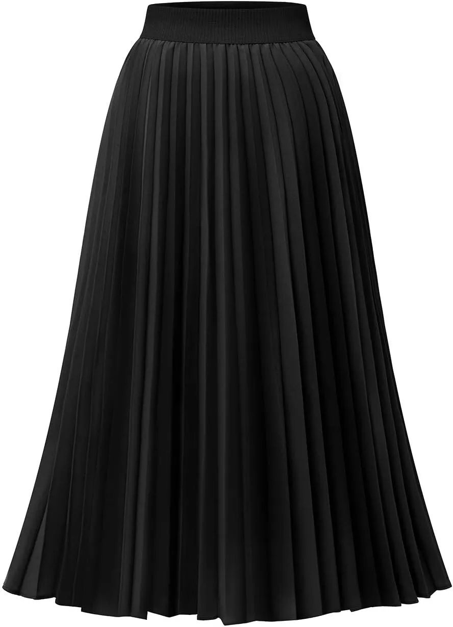 DRESSTELLS Pleated Midi Skirts for Women, Aline Long High Elastic Waisted Summer Flowy Chiffon Swing Skirt