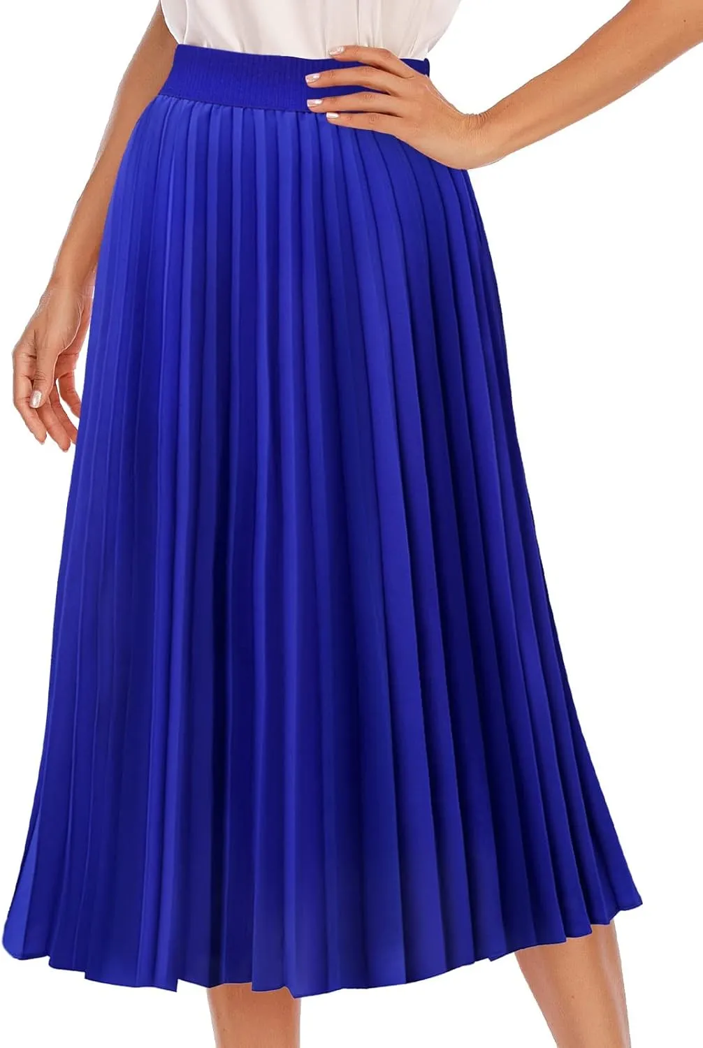 DRESSTELLS Pleated Midi Skirts for Women, Aline Long High Elastic Waisted Summer Flowy Chiffon Swing Skirt