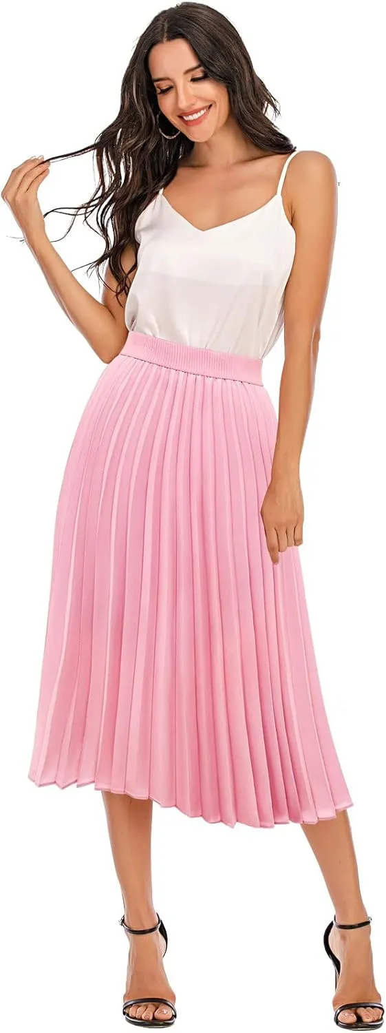 DRESSTELLS Pleated Midi Skirts for Women, Aline Long High Elastic Waisted Summer Flowy Chiffon Swing Skirt