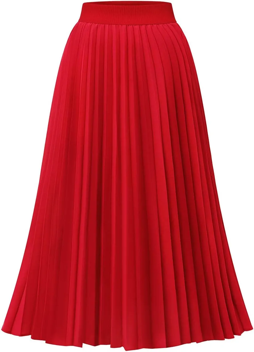 DRESSTELLS Pleated Midi Skirts for Women, Aline Long High Elastic Waisted Summer Flowy Chiffon Swing Skirt