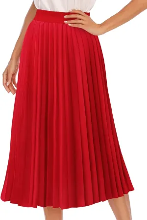 DRESSTELLS Pleated Midi Skirts for Women, Aline Long High Elastic Waisted Summer Flowy Chiffon Swing Skirt
