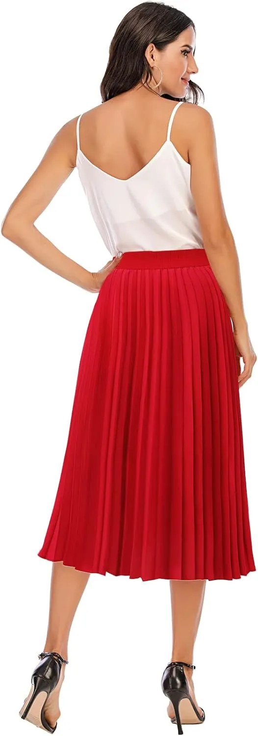 DRESSTELLS Pleated Midi Skirts for Women, Aline Long High Elastic Waisted Summer Flowy Chiffon Swing Skirt