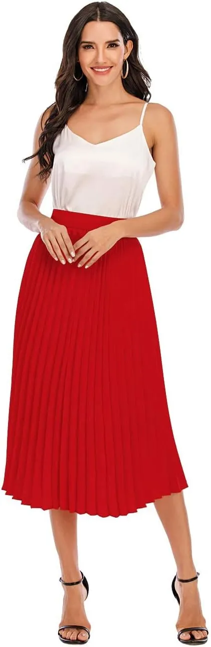 DRESSTELLS Pleated Midi Skirts for Women, Aline Long High Elastic Waisted Summer Flowy Chiffon Swing Skirt