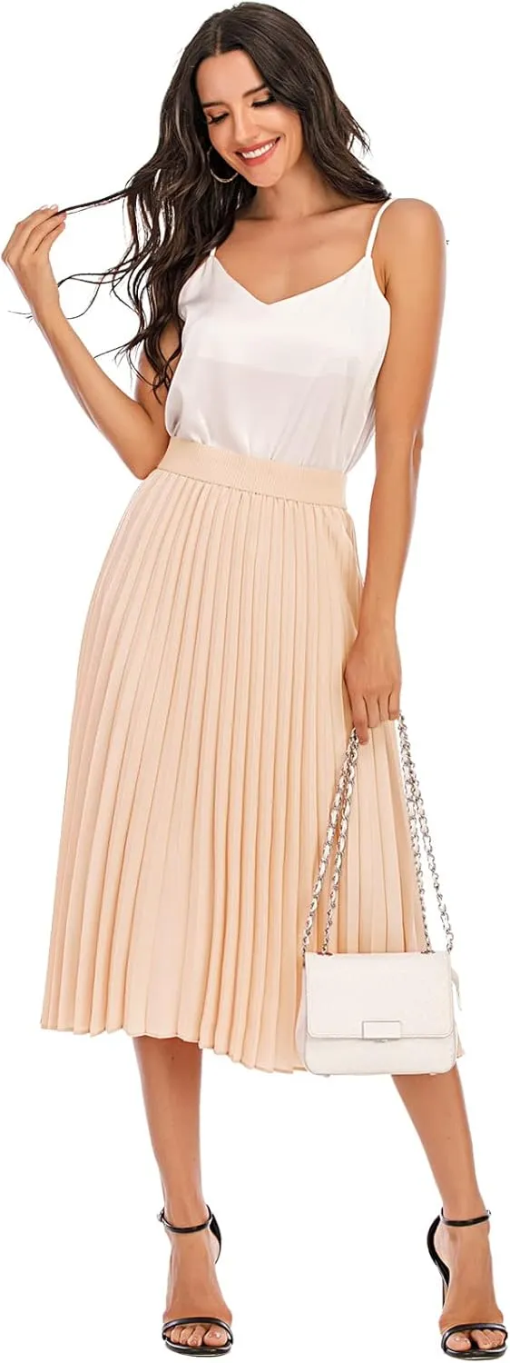 DRESSTELLS Pleated Midi Skirts for Women, Aline Long High Elastic Waisted Summer Flowy Chiffon Swing Skirt