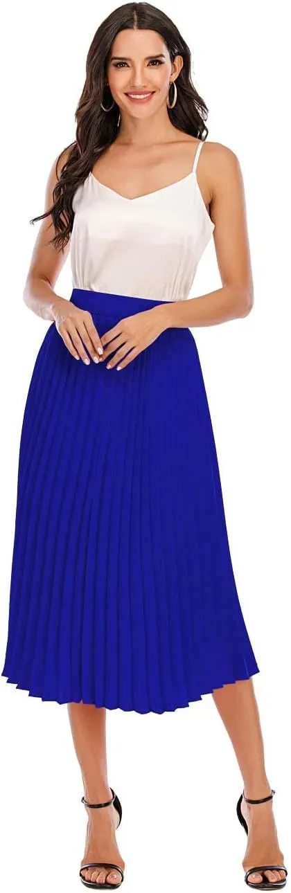 DRESSTELLS Pleated Midi Skirts for Women, Aline Long High Elastic Waisted Summer Flowy Chiffon Swing Skirt