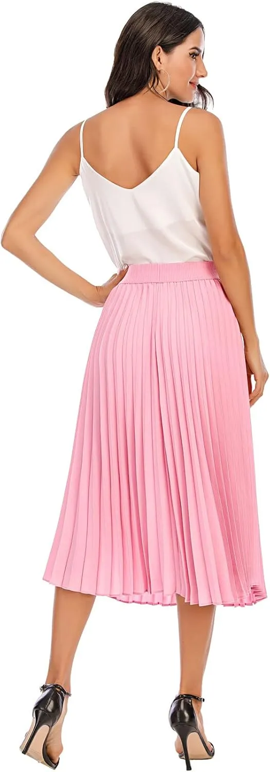 DRESSTELLS Pleated Midi Skirts for Women, Aline Long High Elastic Waisted Summer Flowy Chiffon Swing Skirt