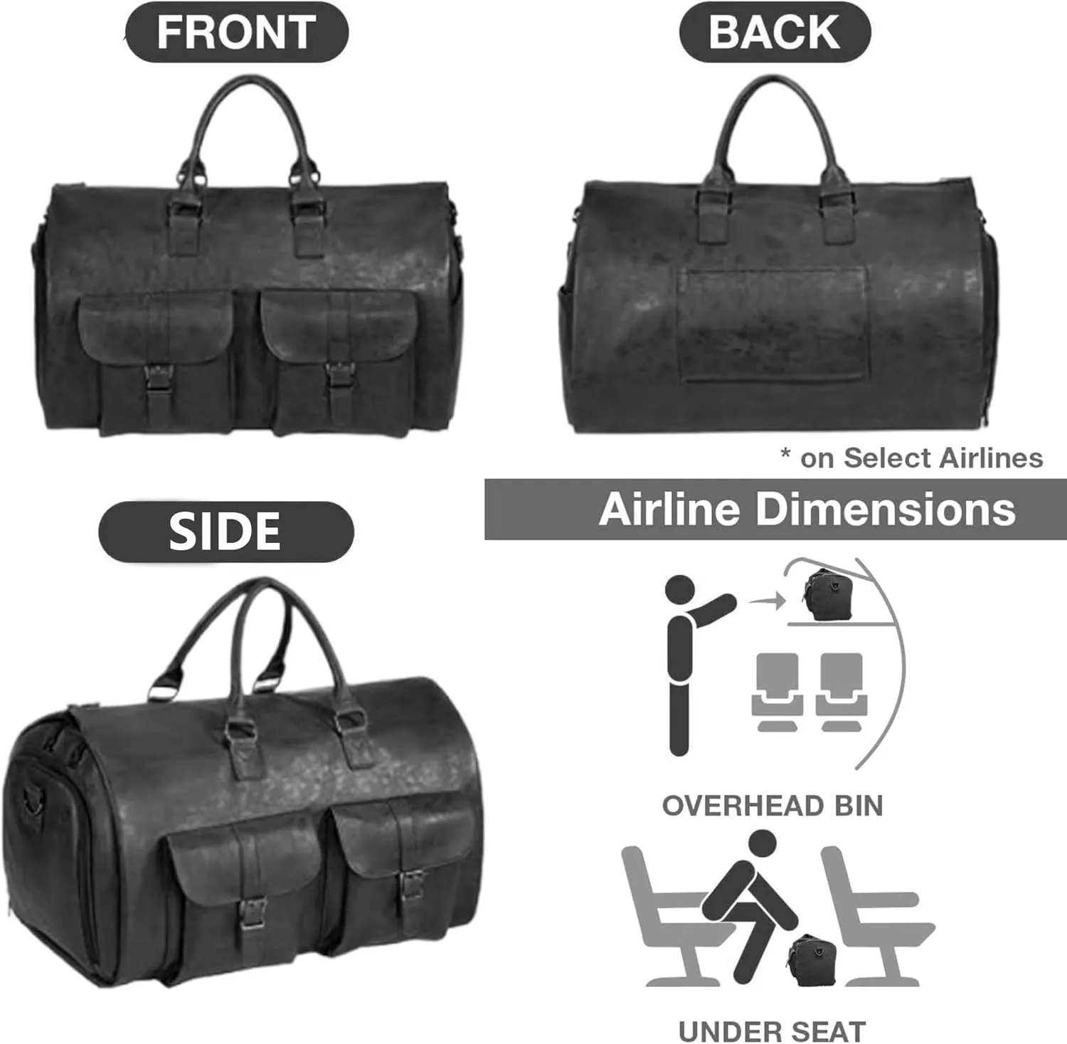 Duffel Bag for Travel: Convertible Duffle Garment Bag Weekender Travel Bag for Men Women, 23" Leather Overnight Carry on Bags with Shoe Compartment (Black)