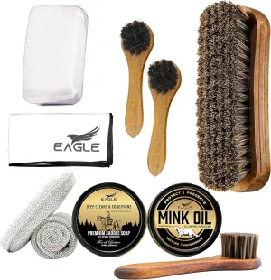 Eagle Premium 10-Piece Leather Care Kit  Saddle Soap, Mink Oil, Horsehair Brush, Daubers, Sponge & Cloths  Complete Set for Work, Western, Dress & Travel Footwear | Perfect Gift for Men & Women