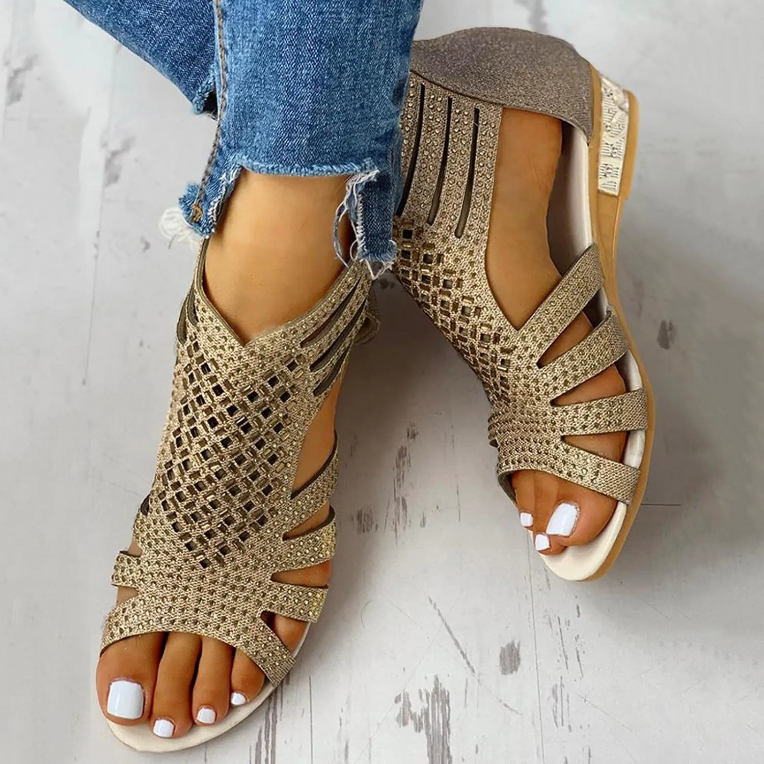 Eduavar Sandals for Women Casual Summer, Wedge Sandals for Women Fashion Rhinestone Open Toe Low Wedge Sandals Zip Up Shoes