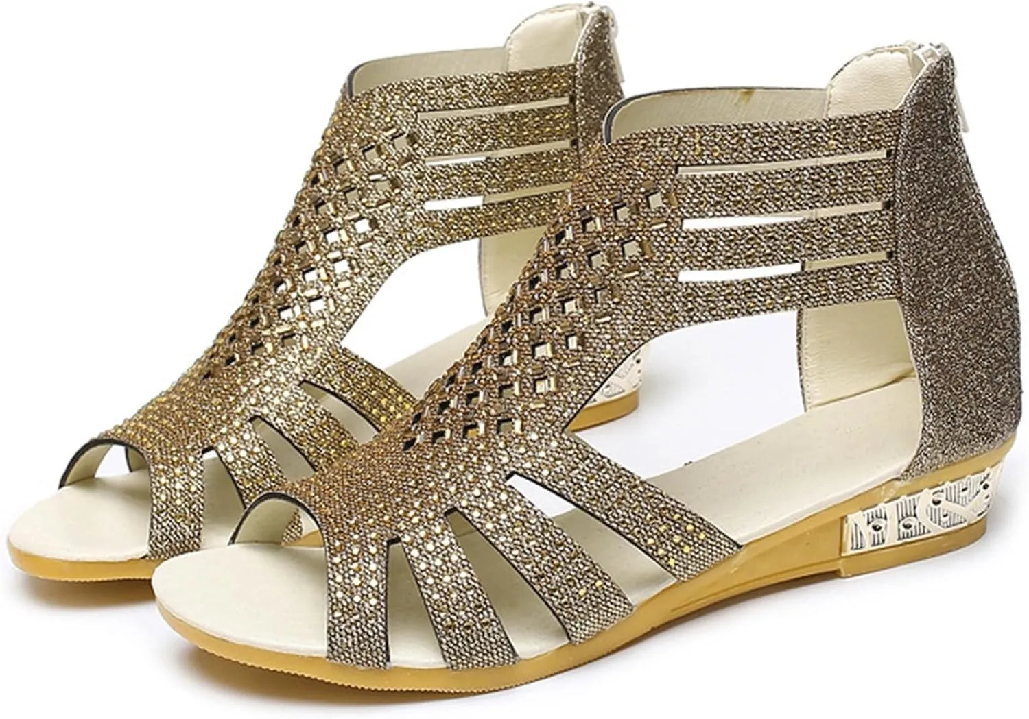 Eduavar Sandals for Women Casual Summer, Wedge Sandals for Women Fashion Rhinestone Open Toe Low Wedge Sandals Zip Up Shoes