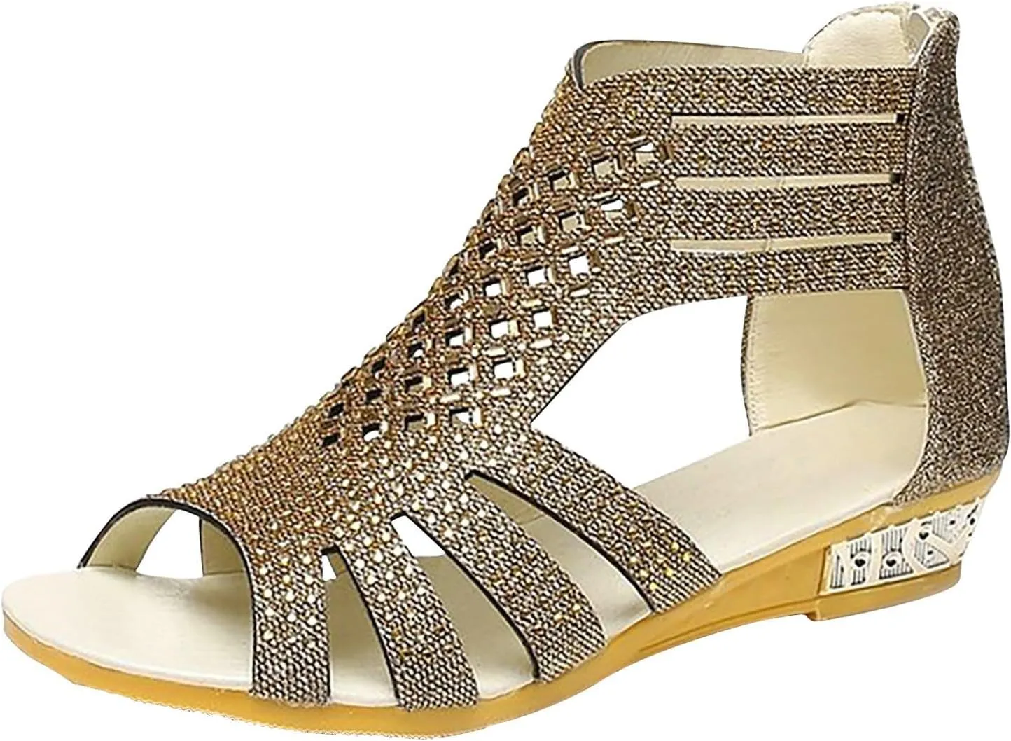 Eduavar Sandals for Women Casual Summer, Wedge Sandals for Women Fashion Rhinestone Open Toe Low Wedge Sandals Zip Up Shoes