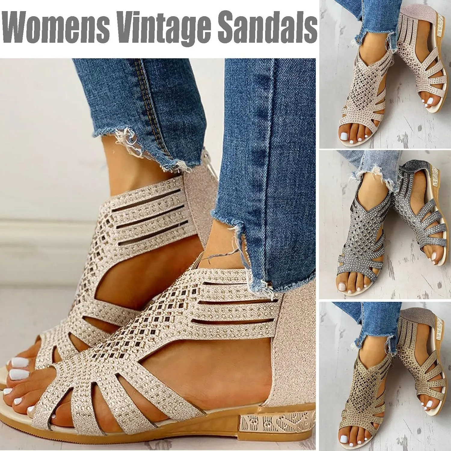 Eduavar Sandals for Women Casual Summer, Wedge Sandals for Women Fashion Rhinestone Open Toe Low Wedge Sandals Zip Up Shoes